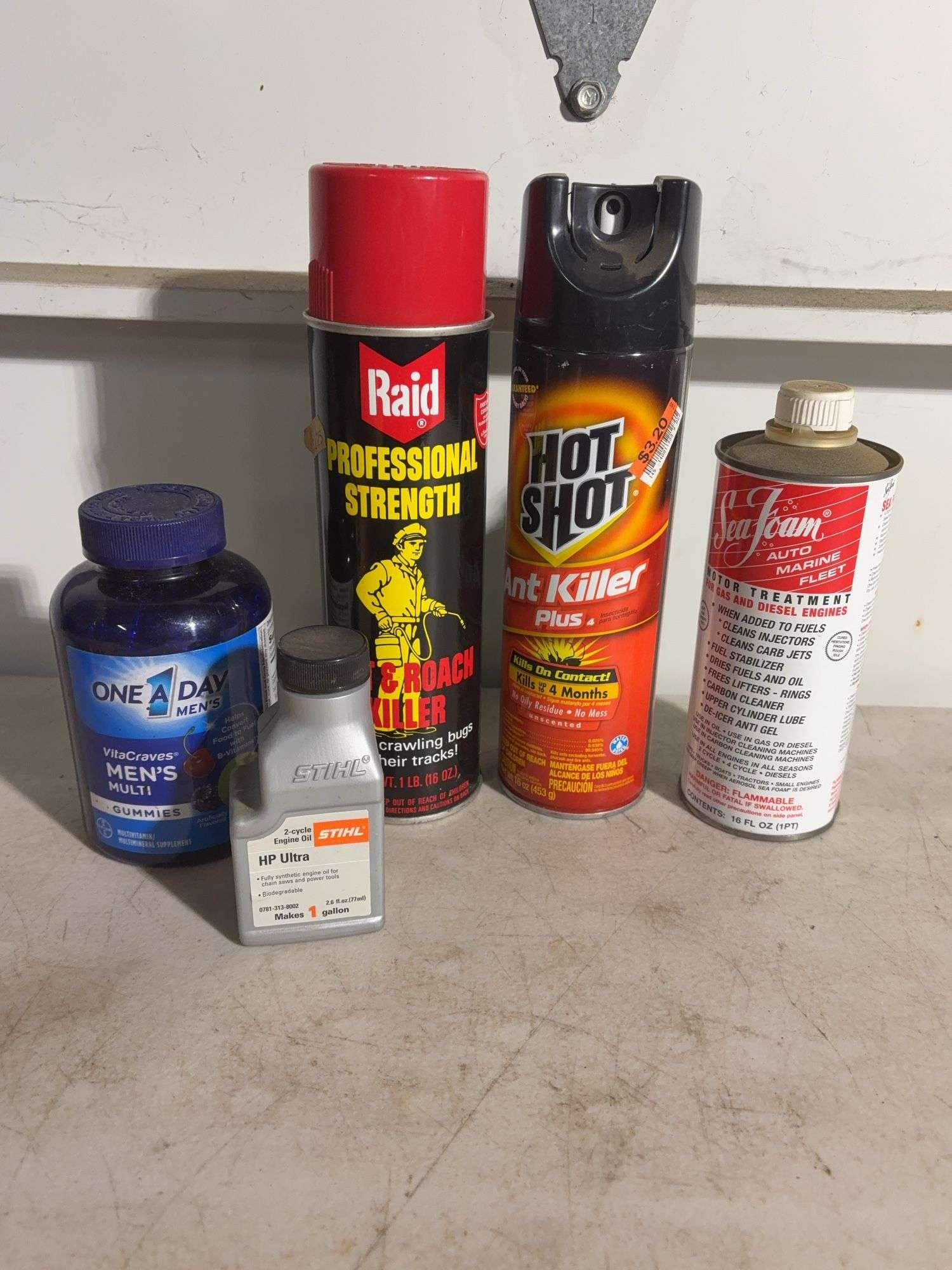 (2) Mostly full spray cans - Raid and ant killer, Silver brake pads, single edge blades and more -se