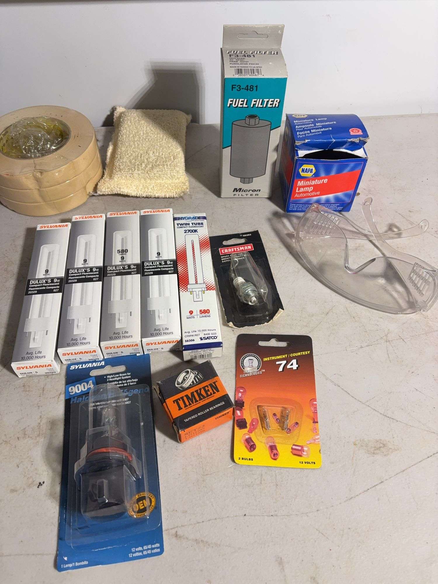 Fuel filter, Compact fluorescent lights, safety glasses, masking tape and more - see photos
