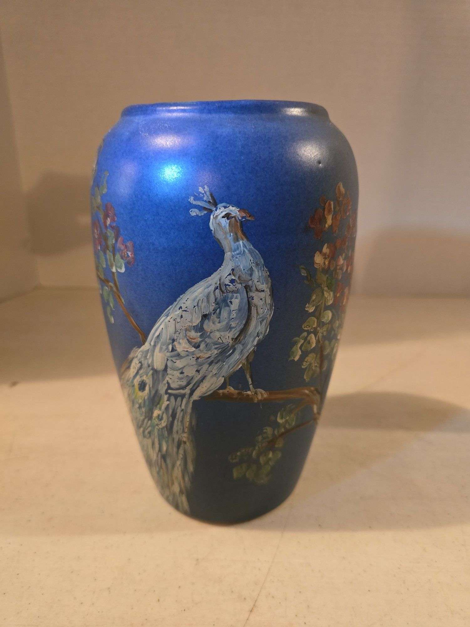 VINTAGE HAND PAINTED PEACOCK POTTERY VASE 8" TALL
