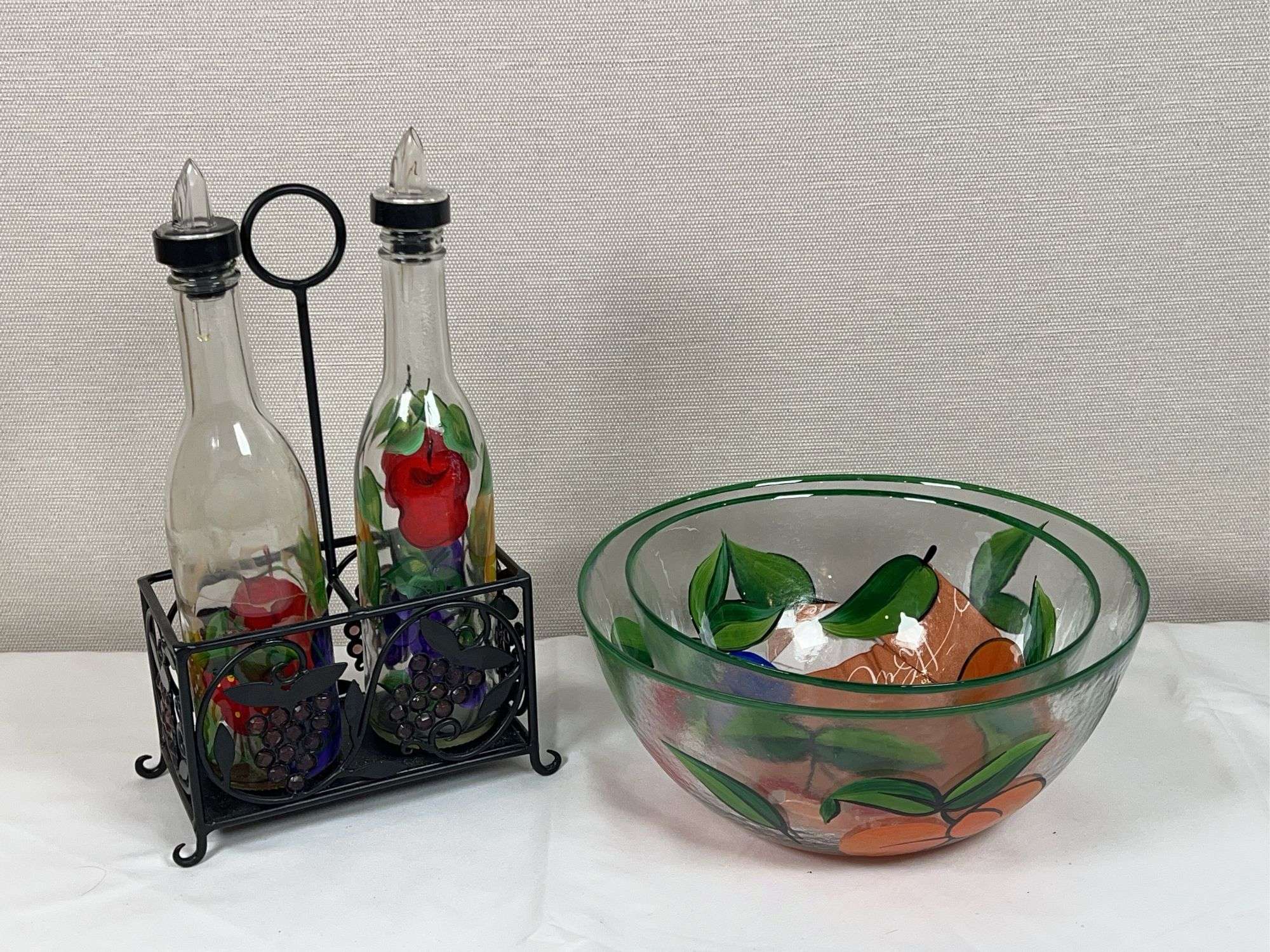 Hand-Painted Fruit Motif Glass Salad Bowls & Oil/Vinegar Bottle Set with Stand