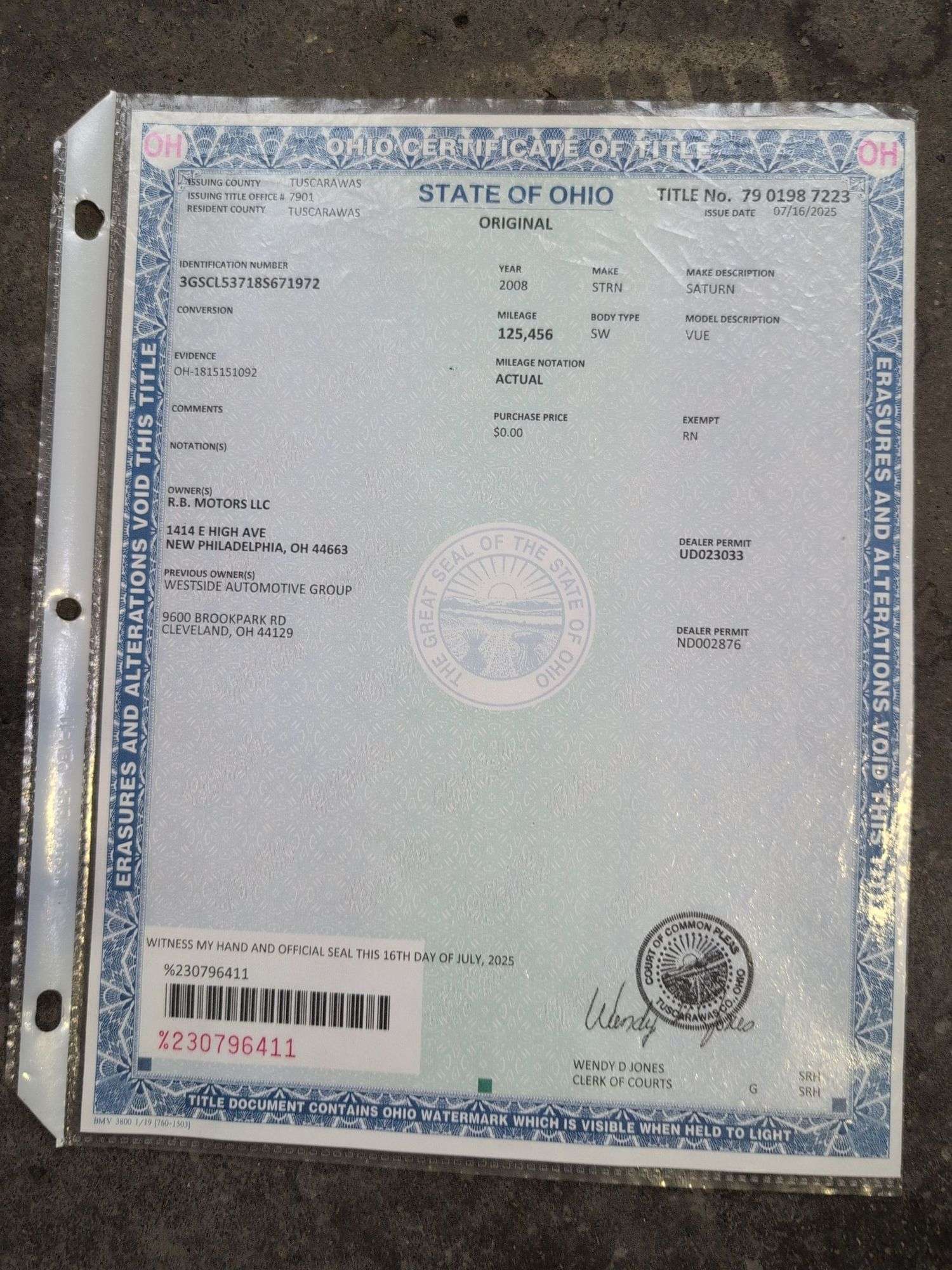 2008 Saturn Vue SW - showing 125,456 miles - runs good