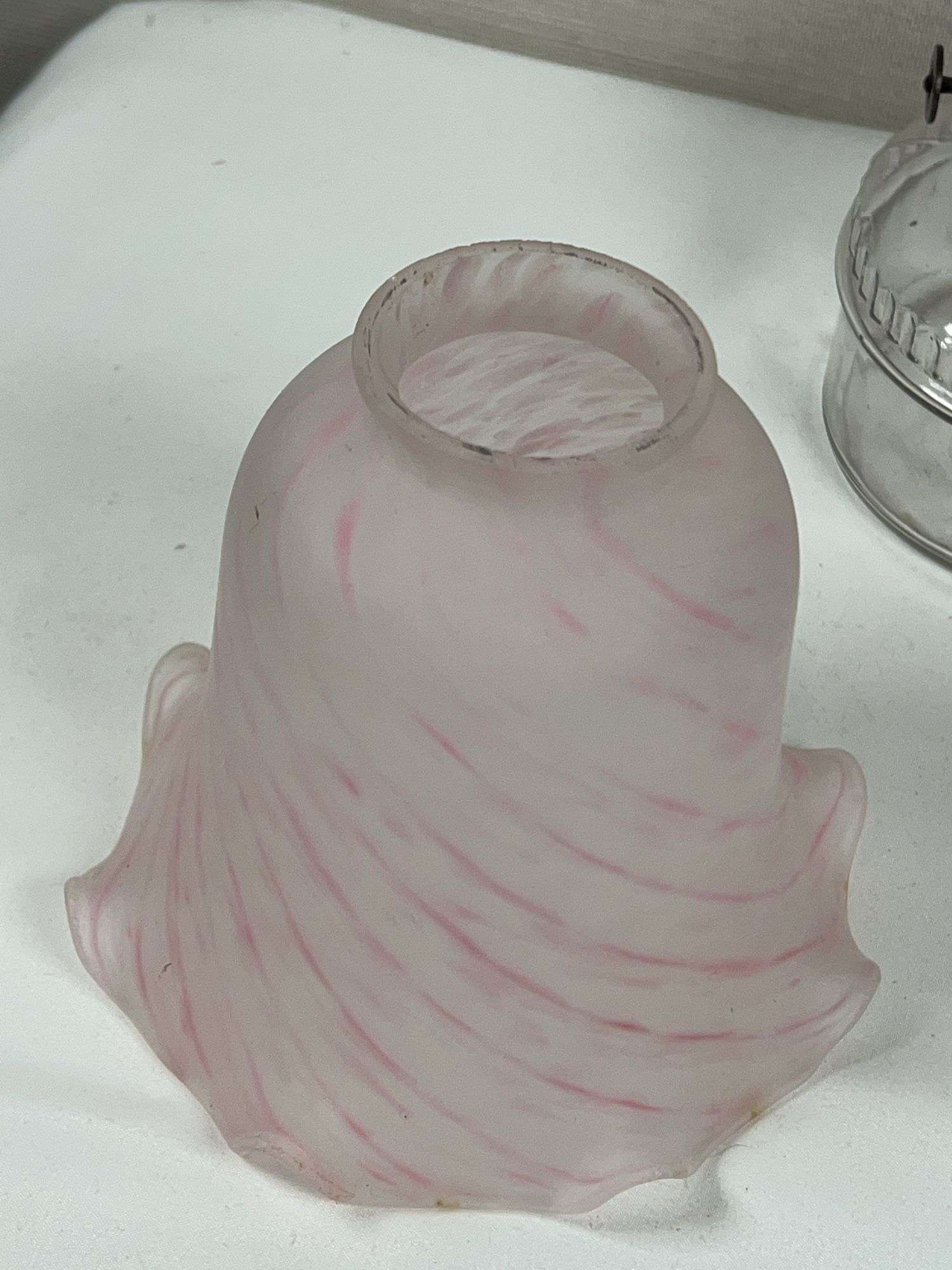 LEADED GLASS SHADE, LAMP BASE AND SATIN GLOBE