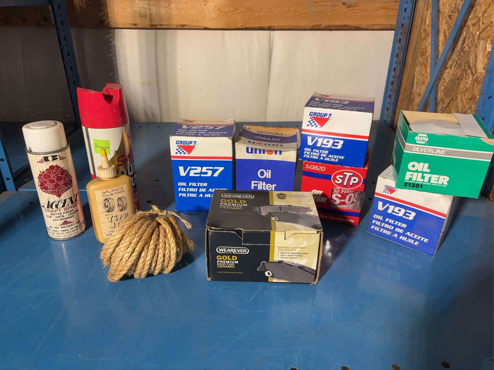 (6) Oil filters in boxes, (2)spray cans -Liquid gold and craft spray and more