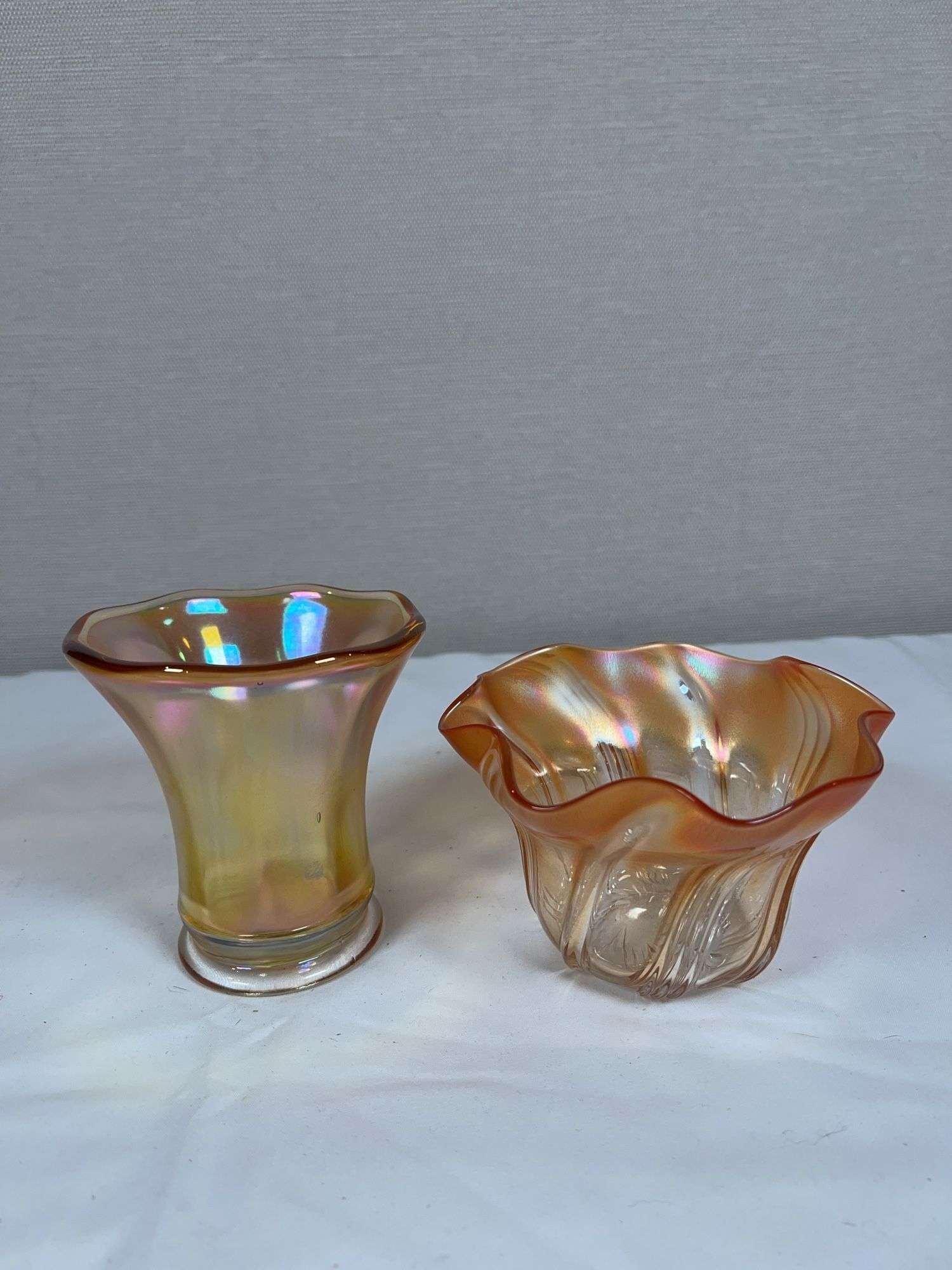 Amber Carnival Glass Vase & Ruffled Bowl
