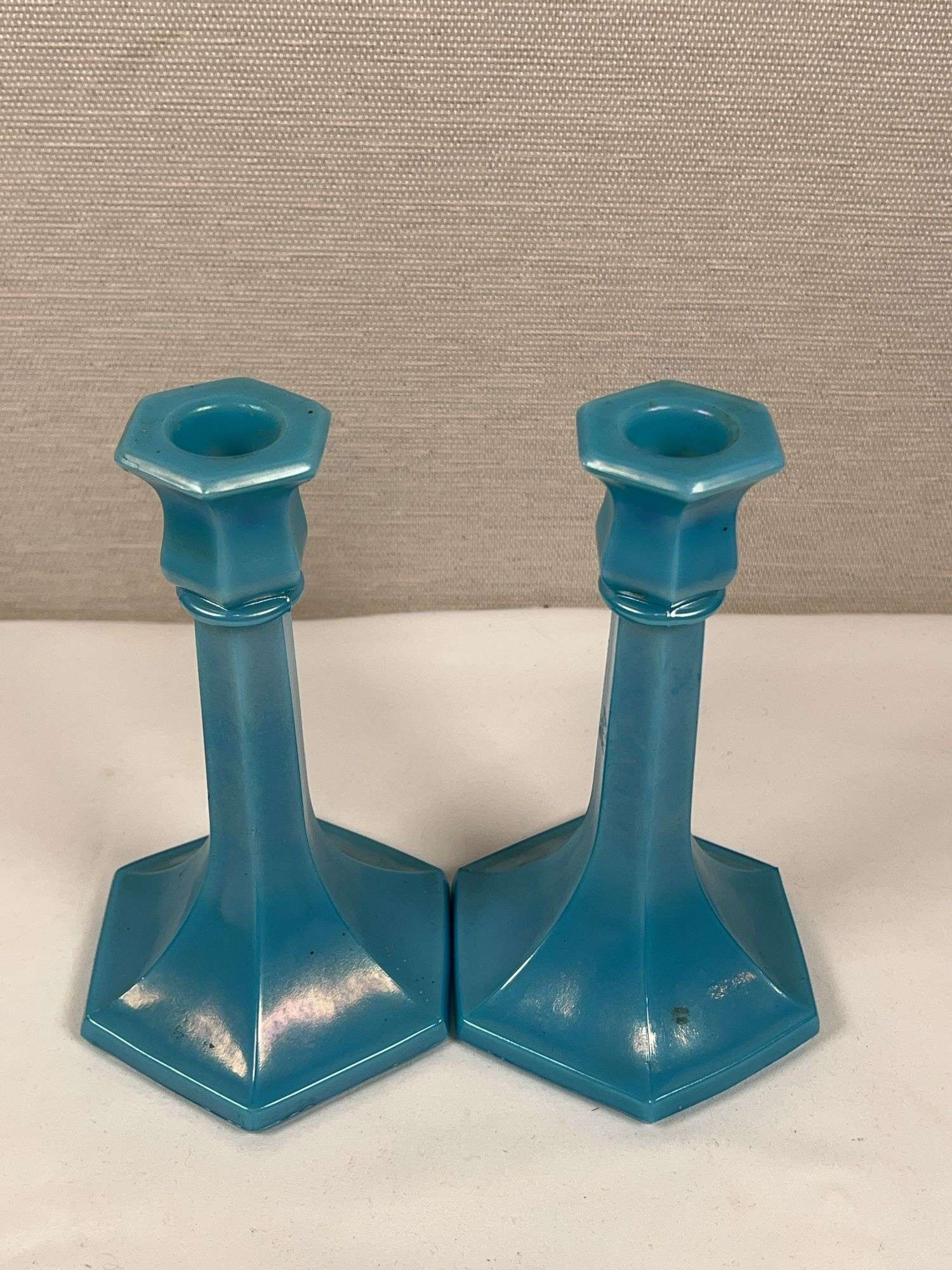 NORTHWOOD GLASS CANDLESTICKS JADE BLUE
