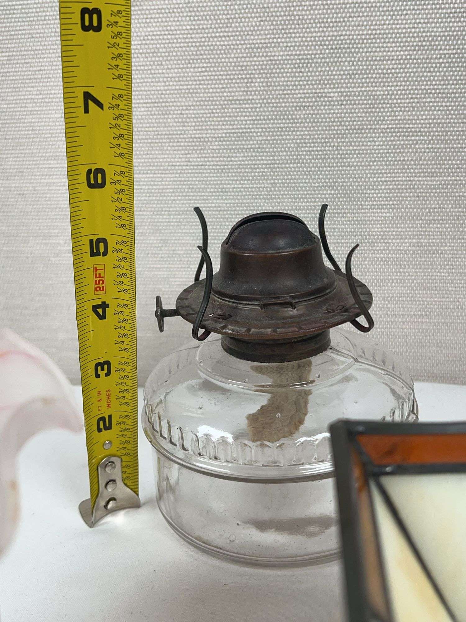 LEADED GLASS SHADE, LAMP BASE AND SATIN GLOBE