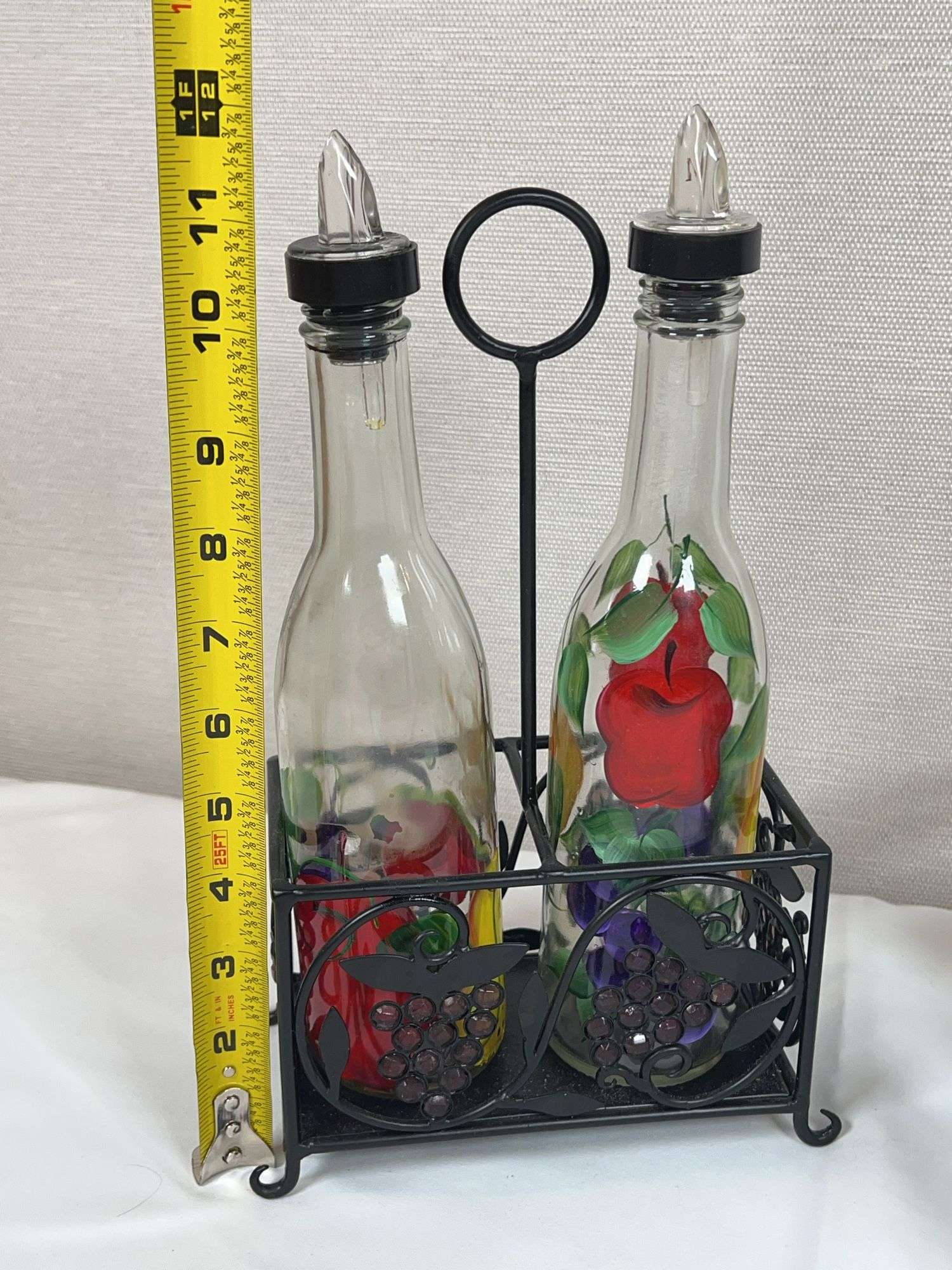 Hand-Painted Fruit Motif Glass Salad Bowls & Oil/Vinegar Bottle Set with Stand