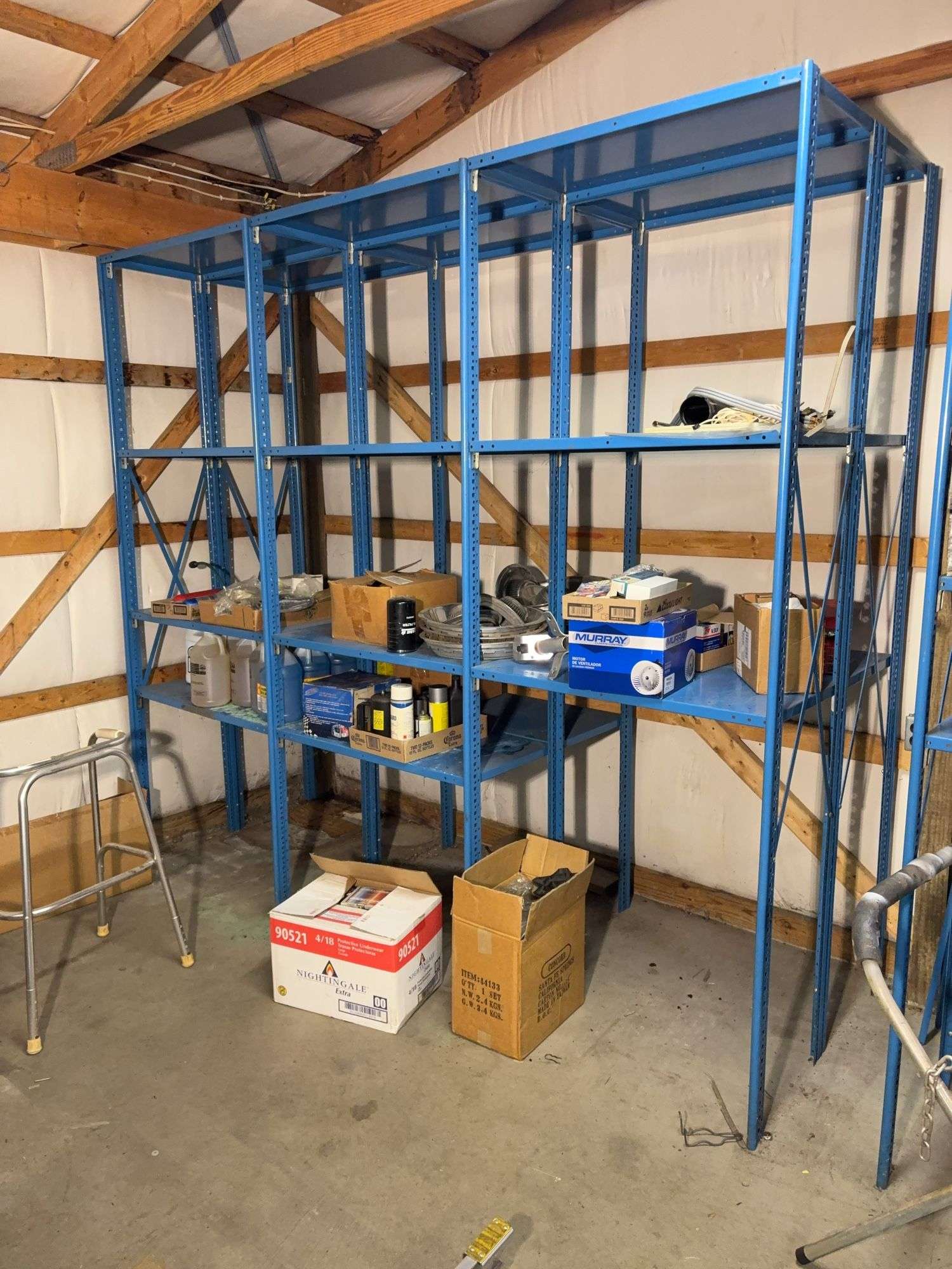 Large blue storage shelf 9’ long, 3’ deep, 7.5’ tall -Contents not included