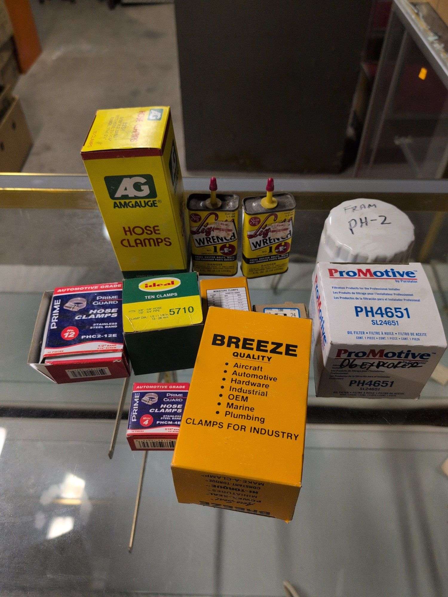 Oil filters, hose clamps, and lubricant