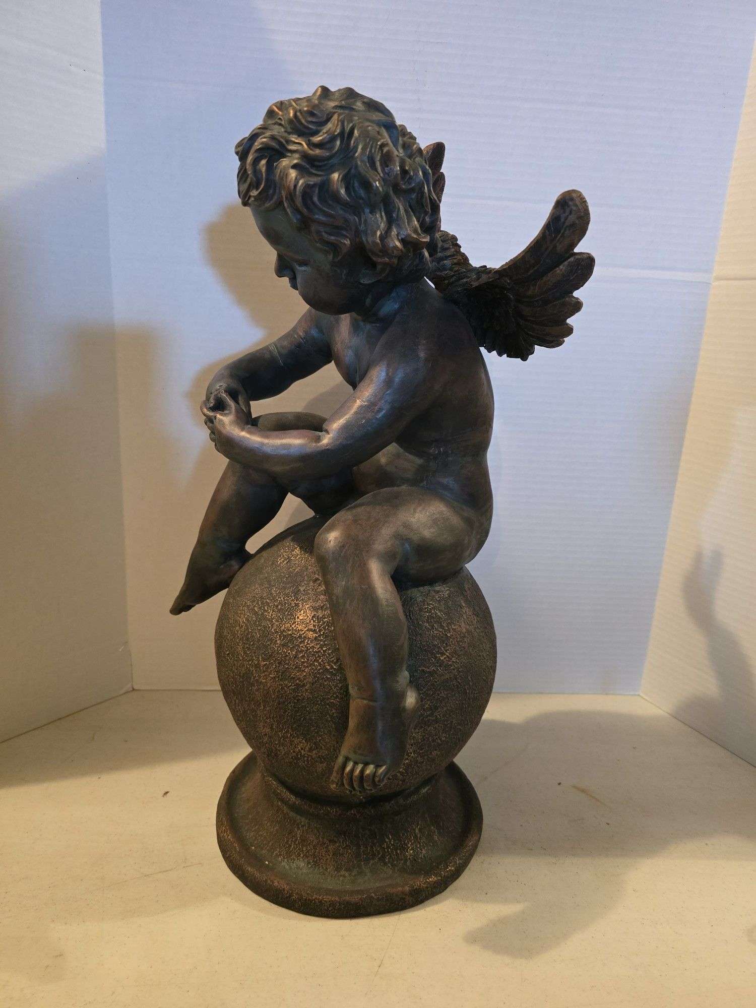 VINTAGE CHERUB ON BALL RESIN FIGURINE 23" TALL