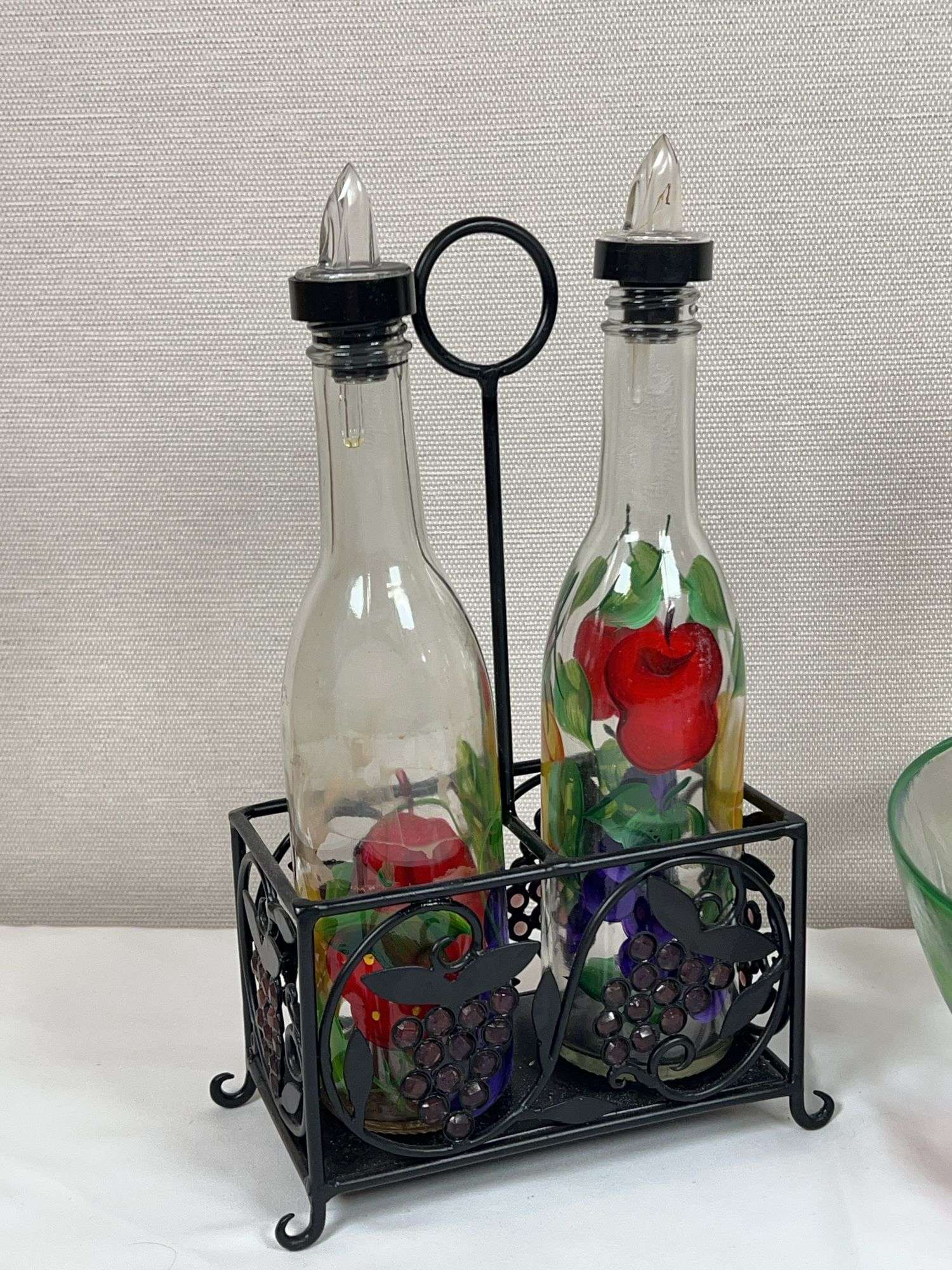 Hand-Painted Fruit Motif Glass Salad Bowls & Oil/Vinegar Bottle Set with Stand