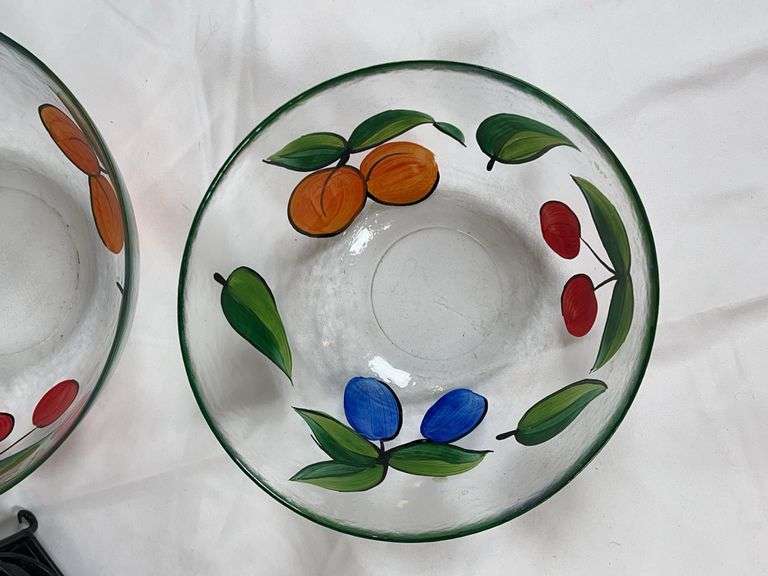 Hand-Painted Fruit Motif Glass Salad Bowls & Oil/Vinegar Bottle Set with Stand