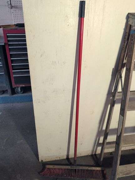 5’ wooden ladder, shop broom, bucket, and extension cord