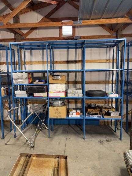 Large blue storage shelf 9’ long, 3’ deep, 7.5’ tall -Contents not included