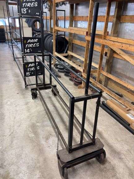 Metal tire rack on wheels - 75" x 14" x 72"