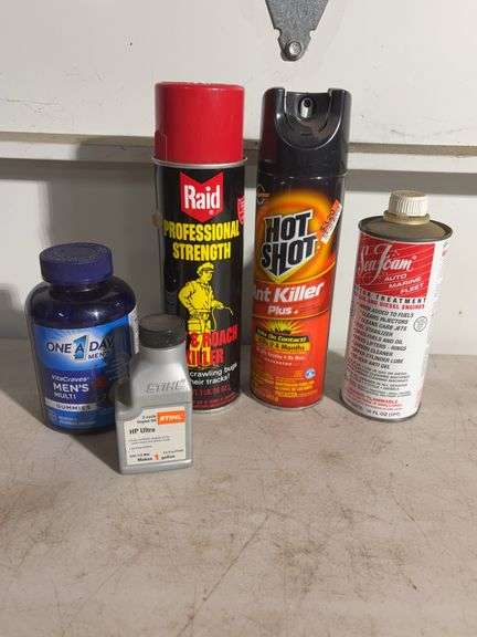 (2) Mostly full spray cans - Raid and ant killer, Silver brake pads, single edge blades and more -se