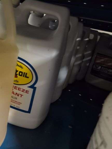 Shelf of coolant, cleaners, windshield washer solvent, and more