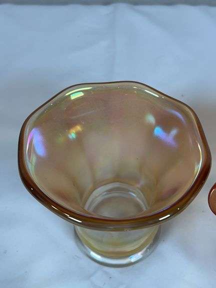 Amber Carnival Glass Vase & Ruffled Bowl