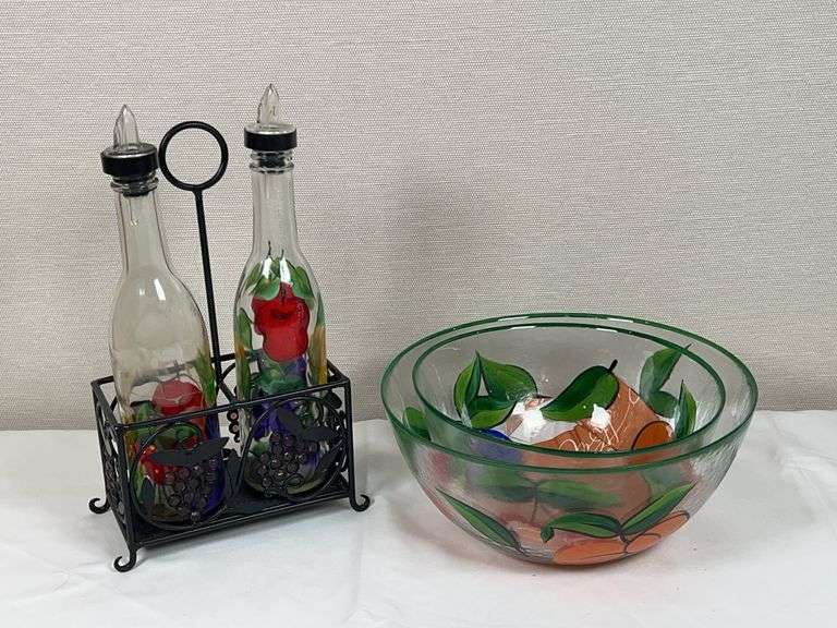 Hand-Painted Fruit Motif Glass Salad Bowls & Oil/Vinegar Bottle Set with Stand