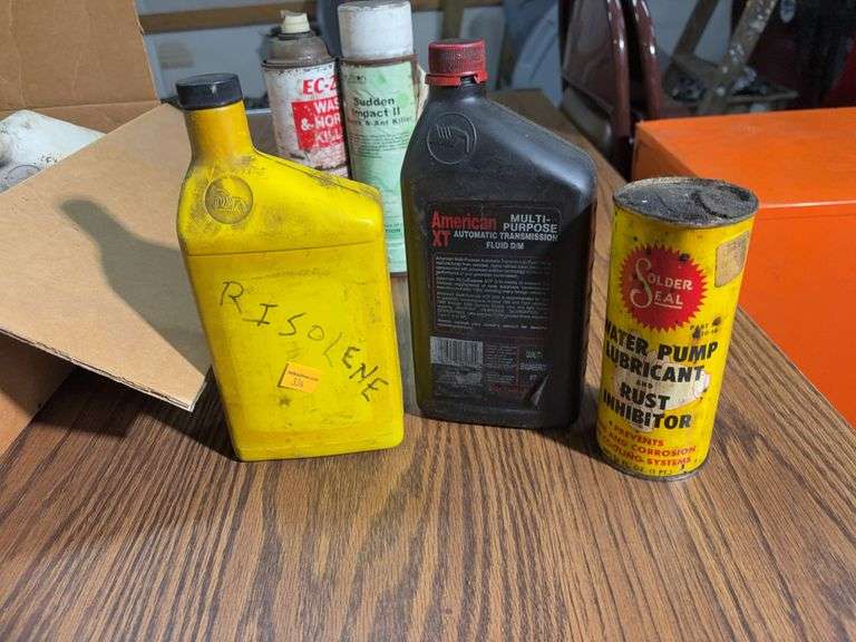 Box of bottles of fluids - see photos