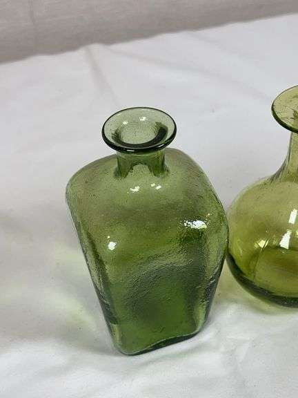 Pair of Hand-Blown Green Art Glass Bottles