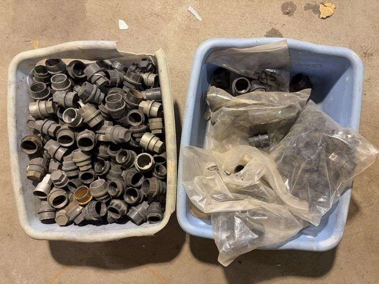 (2) totes of plastic pipe unions