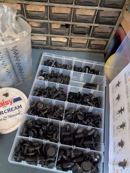 (2) screw organizers, weed eater string, and other items