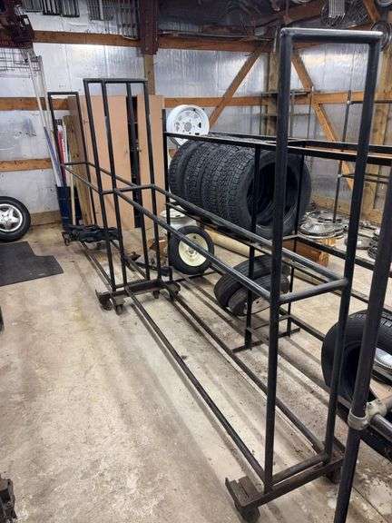 Metal tire rack on wheels - 86" x 14" x 75"