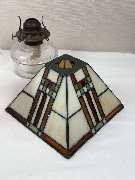 LEADED GLASS SHADE, LAMP BASE AND SATIN GLOBE