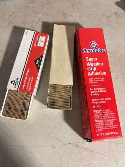 (2) Mostly full spray cans - Raid and ant killer, Silver brake pads, single edge blades and more -se