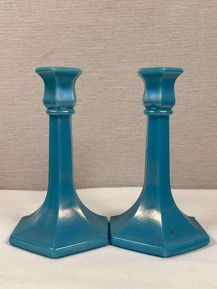 NORTHWOOD GLASS CANDLESTICKS JADE BLUE