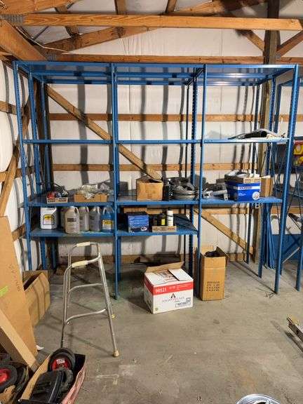 Large blue storage shelf 9’ long, 3’ deep, 7.5’ tall -Contents not included