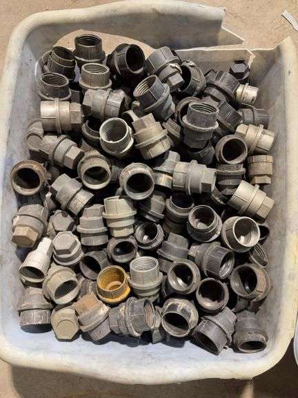 (2) totes of plastic pipe unions