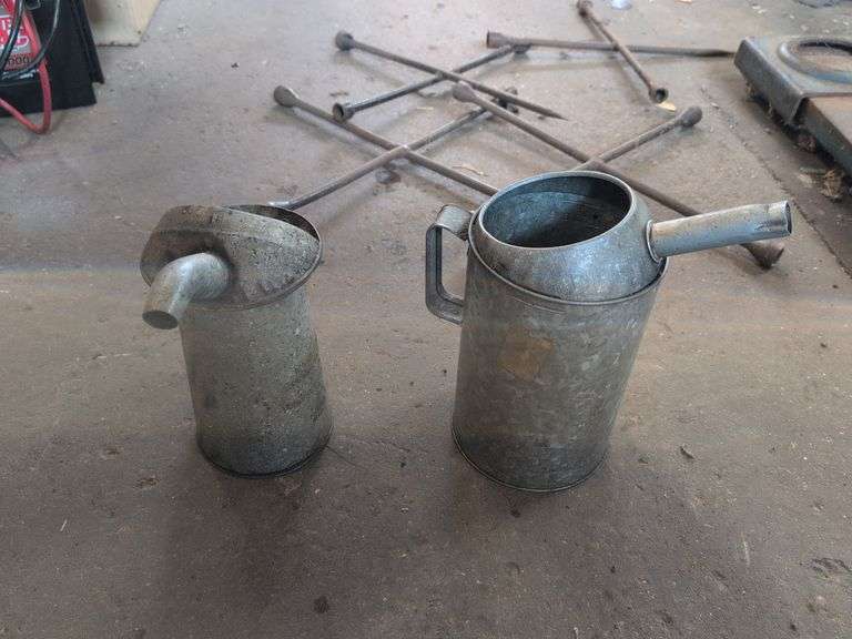 (2) metal oil cans/pitchers
