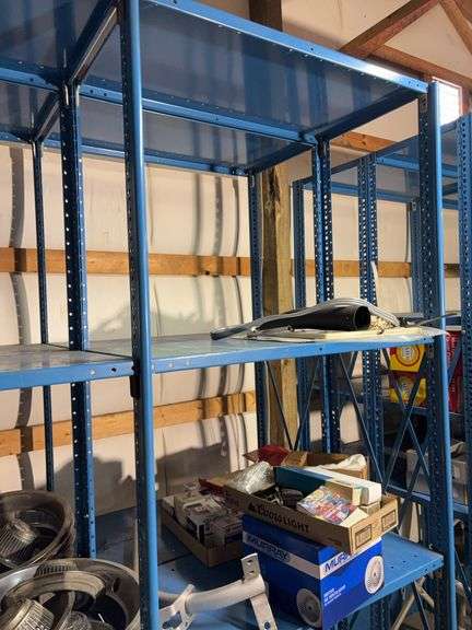 Large blue storage shelf 9’ long, 3’ deep, 7.5’ tall -Contents not included