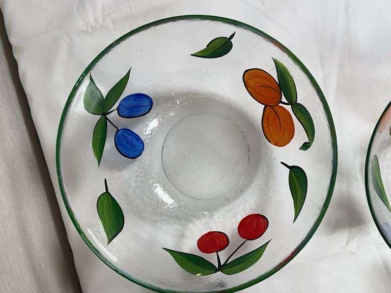Hand-Painted Fruit Motif Glass Salad Bowls & Oil/Vinegar Bottle Set with Stand