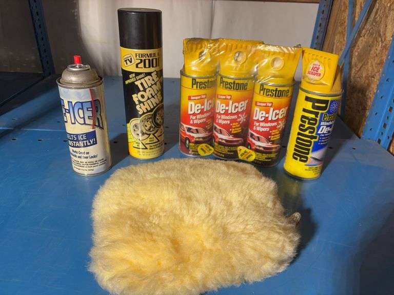 (3) pack of new Preston De-Icer bottles, (1) half full, Tire foam shine, emergency light and more