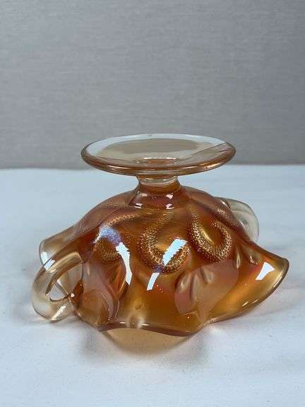 Dugan Marigold Carnival Glass Question Mark Pedestal Candy Dish