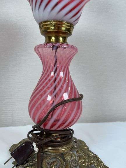 Fenton cranberry opalescent swirl glass lamp