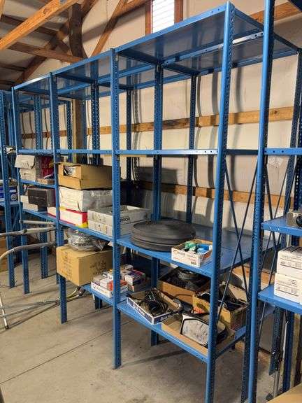 Large blue storage shelf 9’ long, 3’ deep, 7.5’ tall -Contents not included