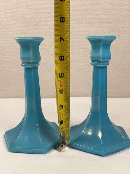 NORTHWOOD GLASS CANDLESTICKS JADE BLUE