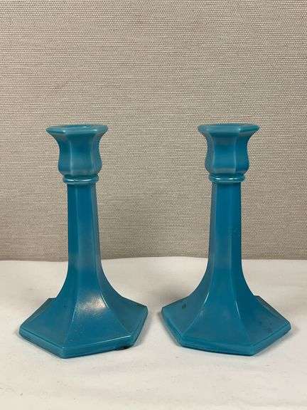 NORTHWOOD GLASS CANDLESTICKS JADE BLUE