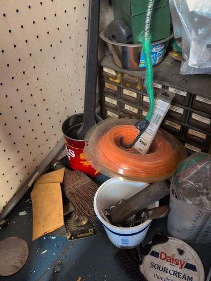 (2) screw organizers, weed eater string, and other items