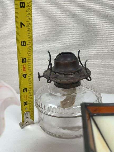 LEADED GLASS SHADE, LAMP BASE AND SATIN GLOBE