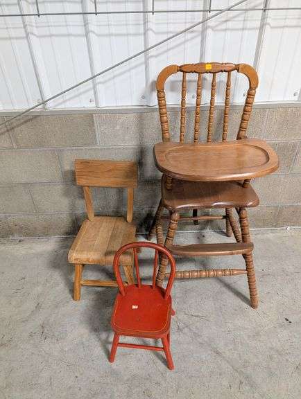 Wooden High Chair & (2) Kids Chairs