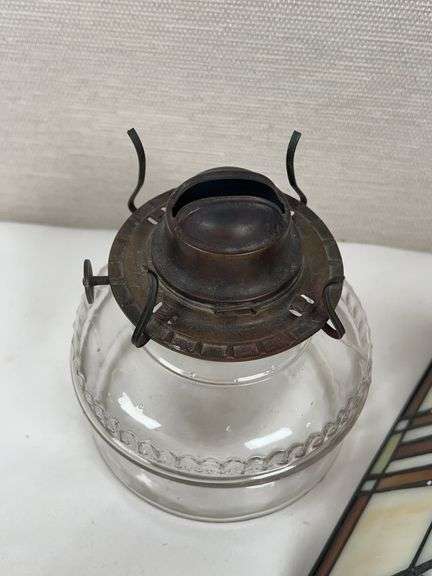 LEADED GLASS SHADE, LAMP BASE AND SATIN GLOBE