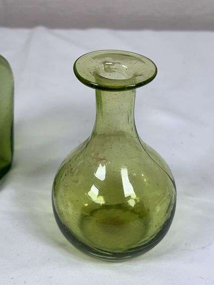 Pair of Hand-Blown Green Art Glass Bottles