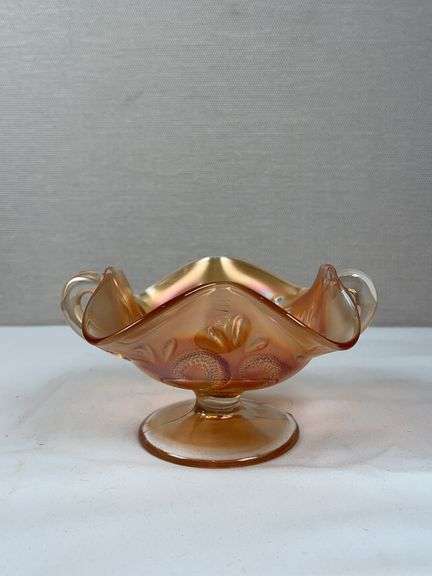 Dugan Marigold Carnival Glass Question Mark Pedestal Candy Dish