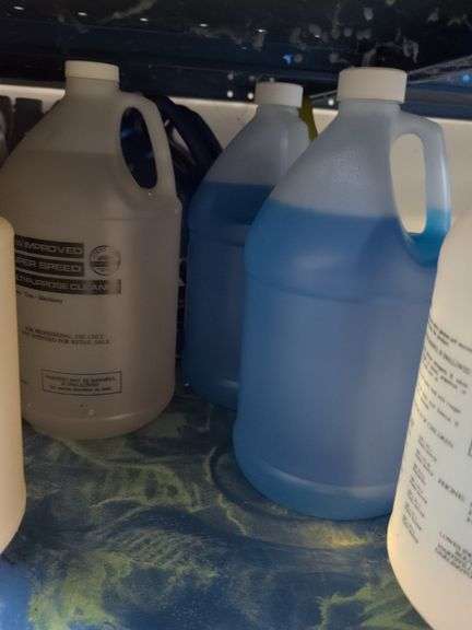 Shelf of coolant, cleaners, windshield washer solvent, and more