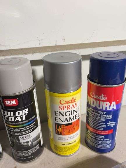Work light, outlet cover, (6) mostly full spray cans, Color coat and Engine Enamel